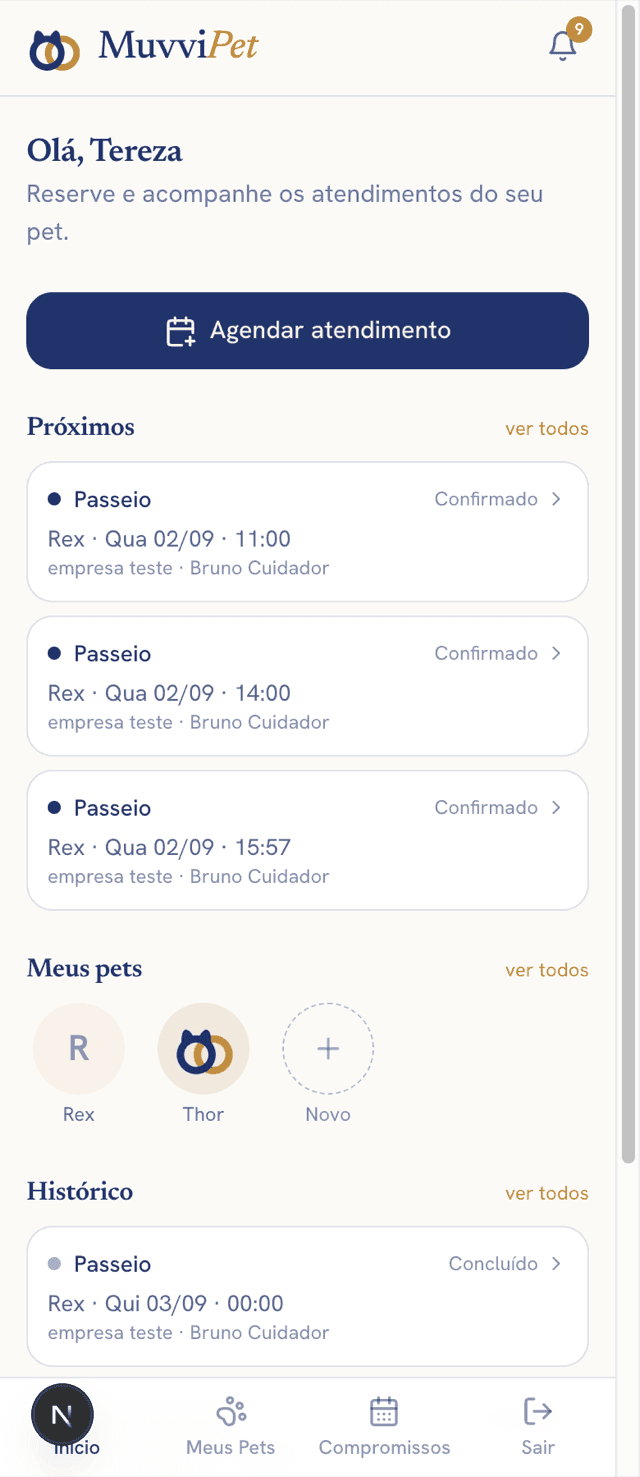 Tela inicial do app: próximos atendimentos e a lista de pets